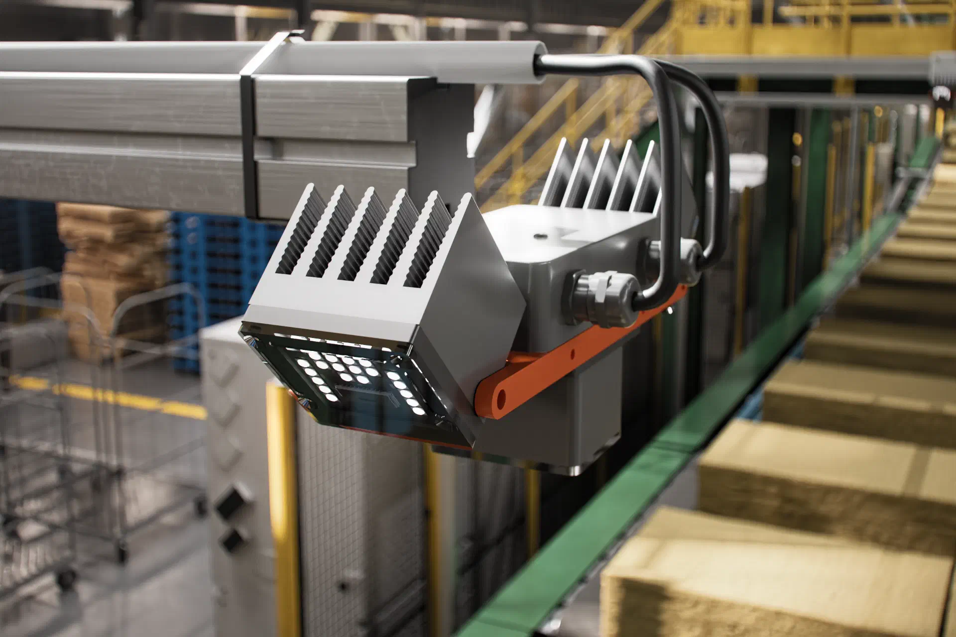 Render of OCAS Track hardware installed above a production line